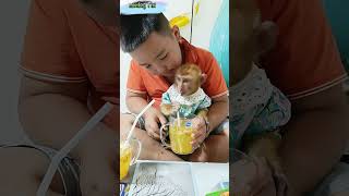 Monkey Titi enjoys passion fruit juice with her brother monkeybaby cute shortsvideo [upl. by Ronoc]