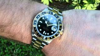 Mens SS amp 18K Yellow Gold Rolex GMTMaster II Ref 16713 Solid End Link Clean [upl. by Hibbitts162]