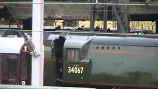 1st look at newly painted Steam Loco 34067 Tangmere at WCRC Carnforth 13th January 2011 [upl. by Dareece190]