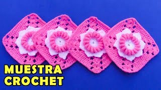 Cuadrado o muestra a crochet con flores en punto rococo para colchas cojines mantitas [upl. by Maitund]