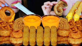 ASMR CHEESY FRIED FOOD FEAST GIANT CRUNCHY ONION RINGS MOZZARELLA STICKS FRIED CHICKEN FRIES 먹방 [upl. by Walkling]