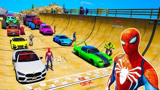 Continuation next Epic challenge jump Ramp Mount Chiliad Spiderman BMW Cars Audi Monster Truck GTA V [upl. by Meaghan]