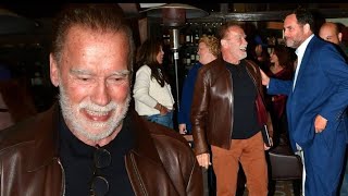 Arnold Schwarzenegger rocks white beard and brown leather jacket as he appears in high spirits [upl. by Garretson]