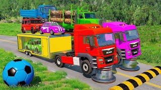 Double Flatbed Trailer Truck vs Speed bumps  Train vs Cars  Tractor vs Train  BeamNG Drive 001 [upl. by Cloutman]