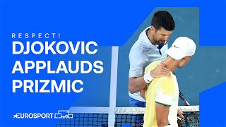 Djokovic applauds 18yearold star Prižmić after gruelling fourset match 👏  Australian Open 2024 [upl. by Eneres591]