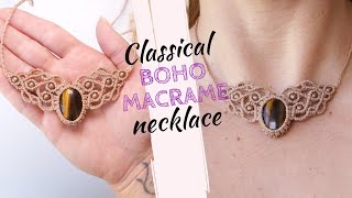 How to make boho macrame necklace tutorial micro macrame necklace WITH CABOCHON [upl. by Ylen]