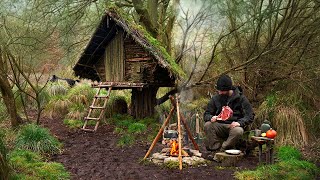 Building wood survival shelter in wildlands  Bushcraft amp Campfire grilled meat [upl. by Caylor295]