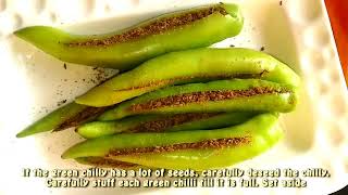 Stuffed Green Chillies Bharli Mirchi  Bharwan Mirch  Fried Stuffed Green Chillies Recipe Video [upl. by Asertal]