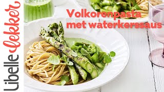 Volkorenpasta met waterkerssaus en gegrilde groene asperges [upl. by Catima]