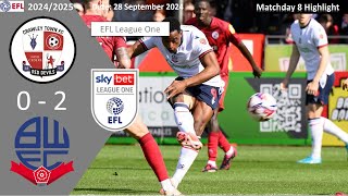 Crawley Town 02 Bolton Wanderers Matchday 8 202425 EFL League One Highlight [upl. by Federico579]