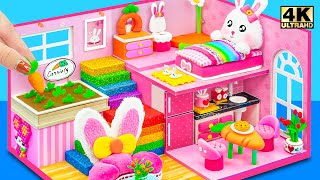 How To Make Pink Bunny House with Cutest Bed from Polymer Clay Cardboard ❤️ DIY Miniature House [upl. by Enaed]