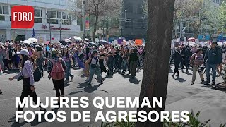 8M 2024 Mujeres queman fotos y nombres de sus agresores en el Zócalo de CDMX  A las Tres [upl. by Auginahs]