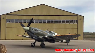 Spitfire startup and Flyby with Canadian Harvard  Estevan Soldiers Tree Memorial [upl. by Anaibib]