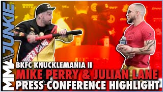 Mike Perry pulls a bat on Julian Lane at BKFC KnuckleMania 2 press conference 😳 [upl. by Nylirrehs27]