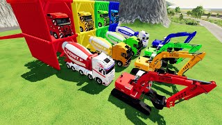 TRANSPORTING COLORED VOLVO CONCRETE MIXER TRUCKLIEBHER EXCAVATOR TO GARAGE WIHT MERCEDES CAT TRUCK [upl. by Lleder]