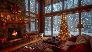 Warm Christmas Living Room with Fireplace Crackle  Relax in the Snowstorm Sounds [upl. by Lymann634]