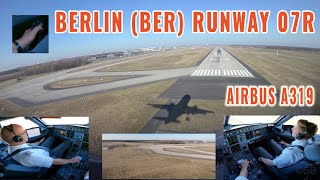 Berlin BER Airport Airbus approach and landing runway 07R cockpit  pilots view 4 cameras 4k [upl. by Leitnahs]