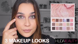 HUDA BEAUTY ROSE QUARTZ PALETTE  3 Looks 1 Palette  Makeup Tutorials [upl. by Aneris]