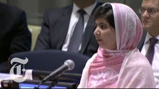 Malala Yousafzai UN Speech Girl Shot in Attack by Taliban Gives Address  The New York Times [upl. by Tullus777]