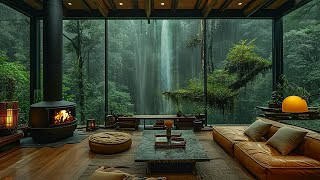 Cozy Forest Living Room Ambience with Soothing Waterfall  Rain Sounds For Meditation Deep Sleep [upl. by Nelleus771]