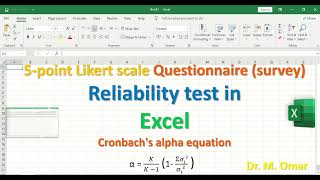 5 point Likert scale Questionnaire survey Reliability test in Excel using Cronbachs alpha equation [upl. by Namor]