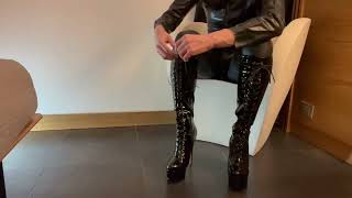 Boots fashion black shiny pvc boots and latex catsuit boots highheels latex latexcatsuit [upl. by Nyvek]