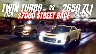 Twin Turbo F150 vs 2650 Camaro ZL1 things get heated 7000 race [upl. by Carissa]