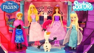 Barbie Musical Light Up Castle Disney Frozen Elsa and Princess Anna Barbie Girl Doll Popstar Playset [upl. by Cohette13]