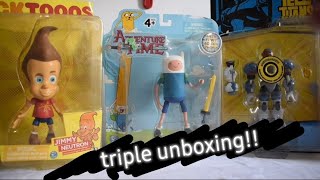 Triple Unboxing Figuras finn Hora de aventura jimmy neutron Nicktoons Cyborg Teen titans bandai [upl. by Ahsietal531]