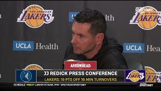 JJ Redick POSTGAME INTERVIEWS  Los Angeles Lakers defeat Minesota Timberwolves 110103 [upl. by Raffin]