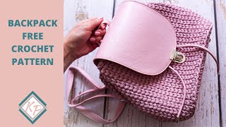 Backpack free crochet pattern with leather base accessories using Tshirt yarn [upl. by Tillion]