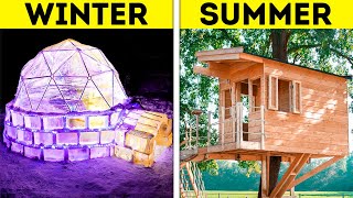 WINTER ICE IGLOO VS SUMMER TREEHOUSE  Cheap And Giant DIY House Crafts From Wood Ice And Clay [upl. by Oberstone]