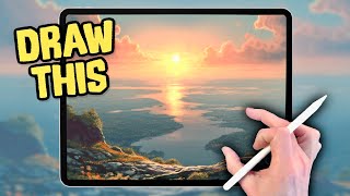 PROCREATE Landscape DRAWING Tutorial in Easy STEPS  Sunset River [upl. by Swec]