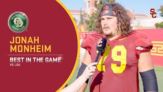 USC OL Jonah Monheim on his first start at center Trojans 10 start  Best in the Game Interview [upl. by Atwekk]