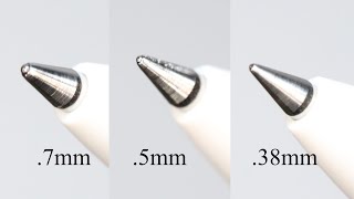 Pen writing tip size comparison with uniball one pens 7mm vs 5mm vs 38mm [upl. by Ahsitnauq]