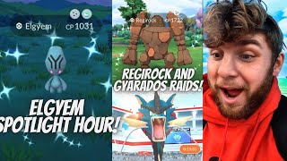 ✨Elgyem Spotlight Hour In Pokemon Go Regirock and Mega Gyarados Raids✨ [upl. by Anoli]