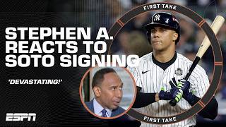 DEVASTATING 🤦‍♂️  Stephen A reacts to Juan Soto signing with the New York Mets  First Take [upl. by Colvert]