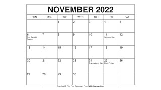 Printable November 2022 Calendar Templates with Holidays  Wiki Calendar [upl. by Durand]