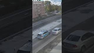 Horrifying near miss Pedestrian dodges speeding car fleeing police pursuit [upl. by Anan47]