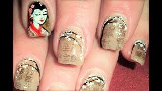 Japanese Geisha Nail Art For Short Nails  Newspaper Design [upl. by Fazeli]