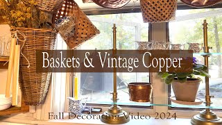 WEAVED BASKETS VINTAGE COPPER amp BLUEWHITES  MAKING A KITCHEN WINDOW VALANCE FOR FALL [upl. by Adnirol]