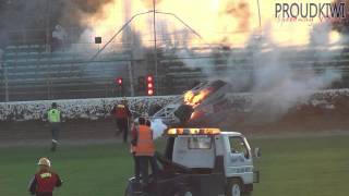 Palmerston North Speedway  8p v 85n Rollover and Fire  231113 [upl. by Pinzler]