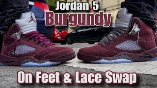 Lace Swap  Jordan 5 Burgundy  On Feet [upl. by Alyda]