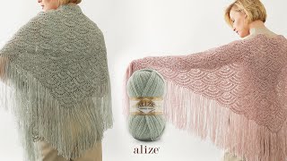 Alize Angora Gold ile Tığ İşi Yelpaze Desenli Şal [upl. by Suiramed]