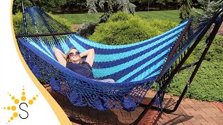 Sunnydaze Deluxe American Style 2Person Hammock with Spreader Bars  BlueHMANDBLU [upl. by Alemac]