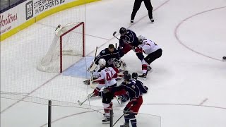 Devils Noesen scores despite Blue Jackets Bobrovsky losing his mask [upl. by Rahmann]