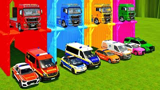 TRANSPORTING ALL POLICE CARS amp AMBULANCE EMERGENCY VEHICLES WITH MAN TRUCKS  Farming Simulator 22 [upl. by Naitsyrk]