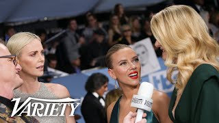 Scarlett Johansson amp Charlize Theron Crash Laura Derns Red Carpet Interview [upl. by Yrehcaz]