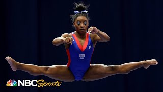 Simone Biles nails double double dismount wows with Trials Day 1 beam routine  NBC Sports [upl. by Ahseat]