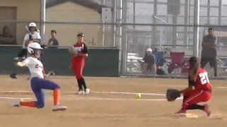 Catcher Pick Off Throw Down from Knees vs Cruisers TCS World Series Softball San Diego Emily Burrow [upl. by Trebma677]